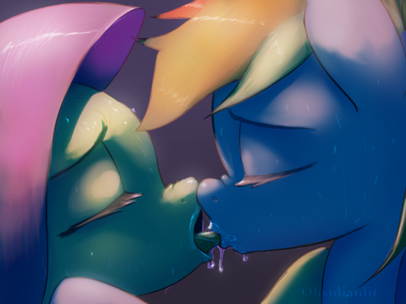 Size: 800x600 | Tagged: questionable, artist:onomec, derpibooru import, fluttershy, rainbow dash, pony, boop, drool, eyes closed, female, flutterdash, kissing, lesbian, mare, nose wrinkle, noseboop, not porn, open mouth, sloppy kissing, sucking, tongue out, tongue sucking