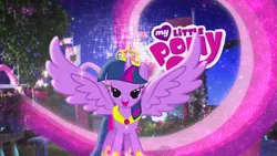 Size: 960x540 | Tagged: safe, derpibooru import, official, screencap, twilight sparkle, twilight sparkle (alicorn), alicorn, pony, big crown thingy, commercial, element of magic, female, lidded eyes, logo, looking at you, mare, my little pony logo, ponies in real life, solo