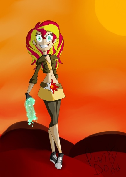 Size: 720x1008 | Tagged: safe, artist:2-lettdodd, derpibooru import, sunset shimmer, equestria girls, belly button, choker, evil grin, food, grin, human coloration, orange, smiling, snapset shimmer, solo, sun, sunshine shimmer, wand, wide eyes