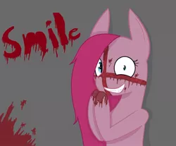 Size: 982x813 | Tagged: artist:moonlights-art, blood, crossed, derpibooru import, grimdark, pinkamena diane pie, pinkie pie, solo