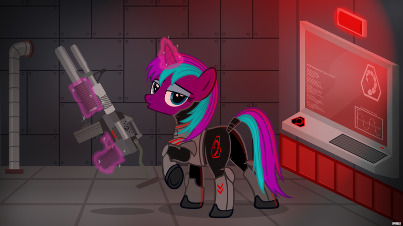 Size: 3200x1800 | Tagged: safe, artist:a4r91n, derpibooru import, oc, oc:starnight, unofficial characters only, pony, unicorn, bedroom eyes, brotherhood of nod, clothes, command and conquer, crossover, female, gun, levitation, looking at you, looking back, looking back at you, magic, mare, plot, solo, telekinesis, tiberian sun, uniform