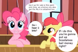 Size: 619x417 | Tagged: apple bloom, auction, chat bubble, derpibooru import, pinkie pie, safe, screencap