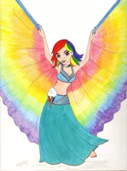 Size: 770x1038 | Tagged: artist:zellykat, belly button, belly dancer, belly dancer outfit, cleavage, clothes, derpibooru import, ear piercing, female, human, humanized, jewelry, long skirt, midriff, nail polish, piercing, rainbow dash, safe, skirt, solo