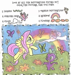 Size: 1067x1131 | Tagged: safe, derpibooru import, fluttershy, spike, butterfly, colour and find, flower, rainbow