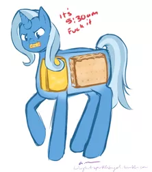 Size: 1280x1443 | Tagged: safe, artist:aisuroma, derpibooru import, trixie, pony, unicorn, cheese, crackers, female, mare, solo, vulgar, wat