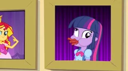 Size: 900x502 | Tagged: safe, derpibooru import, edit, edited screencap, screencap, sunset shimmer, twilight sparkle, equestria girls, equestria girls (movie), bacon, derp, exploitable meme, food, gentlemen, meme, omnivore twilight, prom queen meme