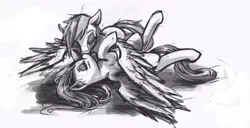 Size: 1474x756 | Tagged: safe, artist:bantha, derpibooru import, fluttershy, rainbow dash, female, flutterdash, grayscale, kissing, lesbian, monochrome, shipping