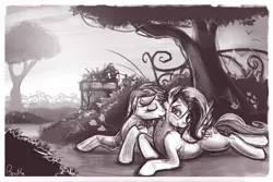 Size: 1728x1152 | Tagged: safe, artist:bantha, derpibooru import, fluttershy, rainbow dash, female, flutterdash, garden, grayscale, lesbian, licking, monochrome, shipping