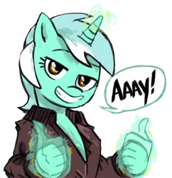 Size: 1028x1064 | Tagged: artist:herny, clothes, derpibooru import, fonzie, grin, hand, happy days, hologram, jacket, lyra heartstrings, magic, magic hands, reaction image, safe, solo, source needed, speech bubble, thumbs up