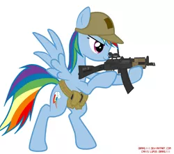 Size: 2879x2545 | Tagged: safe, artist:orang111, derpibooru import, rainbow dash, pegasus, pony, aiming, ak-47, aks-74u, assault rifle, belt, bipedal, glare, gun, hat, operator, picatinny rail, rifle, smiling, solo, spread wings, standing, tactical school, weapon