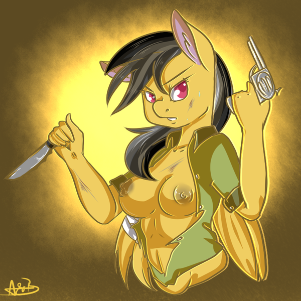 Size: 800x800 | Tagged: anthro, artist:arnachy, bandage, breasts, busty daring do, clothes, daring do, derp, derpibooru import, female, gun, handgun, knife, nipples, nudity, open clothes, partial nudity, questionable, revolver, sexy, sinfully sexy, solo, solo female, wardrobe malfunction