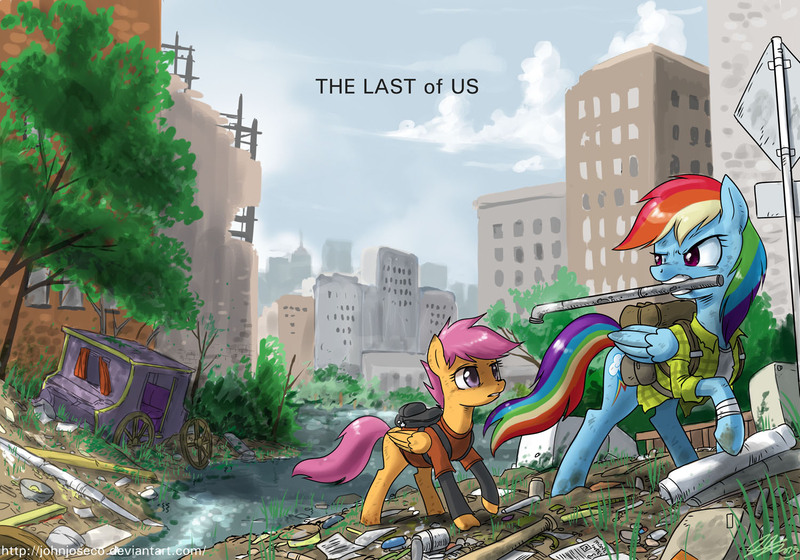 Size: 1500x1050 | Tagged: safe, artist:johnjoseco, derpibooru import, rainbow dash, scootaloo, pegasus, pony, backpack, building, bush, carriage, city, clothes, crossover, dirt, female, game, kallisti, mouth hold, newspaper, paper, pipe, rubble, sign, the last of us, trash, tree