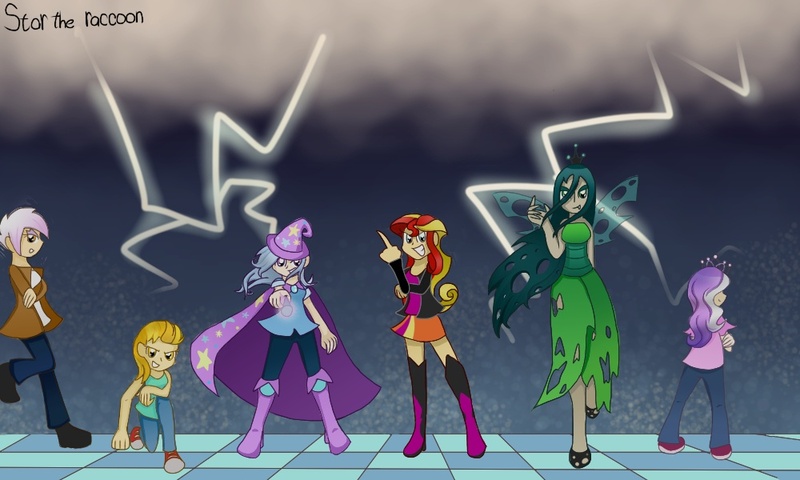 Size: 1000x600 | Tagged: antagonist, artist:star-the-raccoon, dead source, derpibooru import, diamond tiara, gilda, humanized, lightning, lightning dust, middle finger, queen chrysalis, safe, sunset shimmer, trixie, vulgar