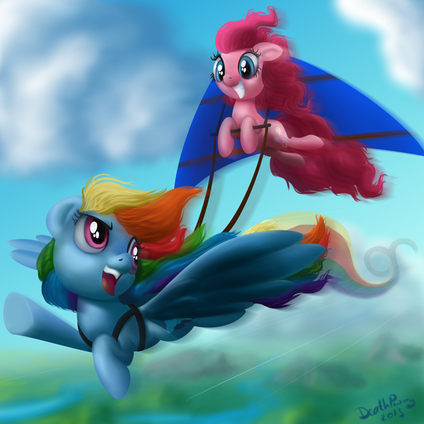 Size: 2000x2000 | Tagged: safe, artist:deathpwny, derpibooru import, pinkie pie, rainbow dash, flying, hang gliding, kallisti, kite, riding, vertigo