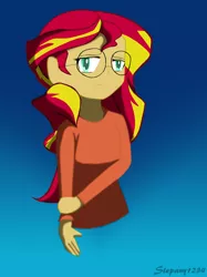 Size: 1936x2592 | Tagged: safe, artist:stepany1234, derpibooru import, sunset shimmer, equestria girls, glasses, shy, solo