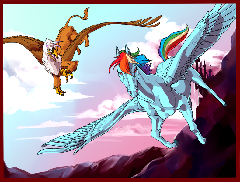 Size: 920x700 | Tagged: safe, artist:kingjupiter, derpibooru import, gilda, rainbow dash, gryphon, flying, realistic