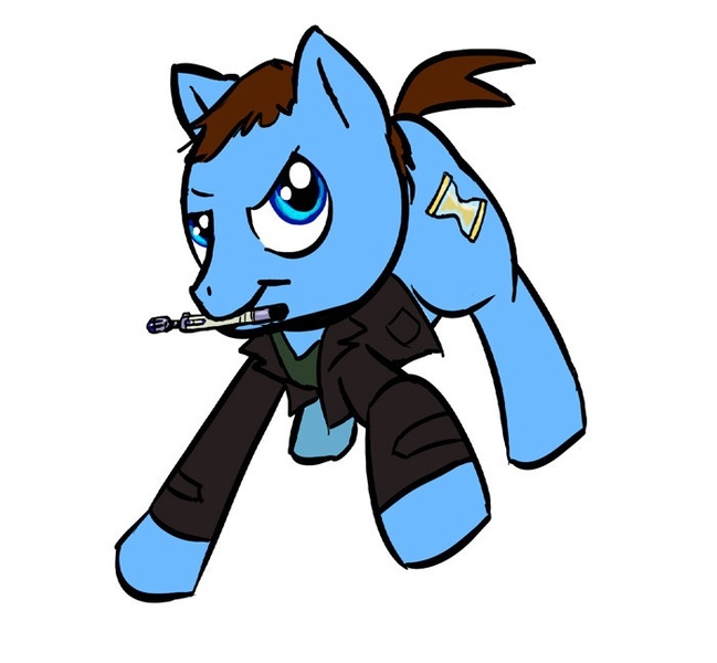 Size: 700x647 | Tagged: artist:desertsage, derpibooru import, doctor who, doctor whooves, mouth hold, ninth doctor, safe, solo, sonic screwdriver, time turner