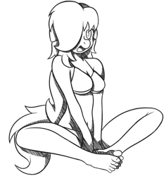 Size: 1280x1356 | Tagged: anthro, anthro oc, artist:miikymod, barefoot, berta blast, bra, breasts, clothes, derpibooru import, feet, female, monochrome, oc, panties, plantigrade anthro, solo, solo female, suggestive, toes, underboob, underwear, unofficial characters only