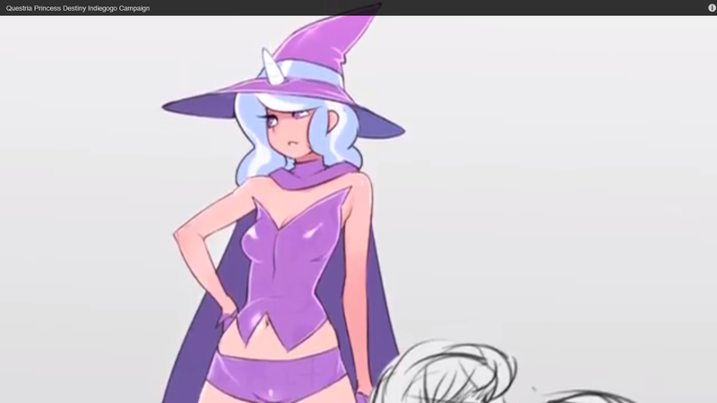 Size: 1366x768 | Tagged: safe, artist:doxy, derpibooru import, trixie, human, cape, clothes, game, gray background, hat, horned humanization, humanized, image, png, preview, princess destiny, questria, simple background, solo, trixie's cape, trixie's hat, vest, youtube link