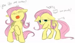 Size: 720x416 | Tagged: source needed, useless source url, safe, artist:briskby, derpibooru import, fluttershy, pegasus, pony, comic, cute, dialogue, eyes closed, female, mare, mean, shyabetes, solo, tongue out