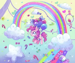 Size: 1200x1008 | Tagged: safe, artist:ipun, derpibooru import, pinkie pie, earth pony, pony, balloon, candy, candy cane, cloud, cloudy, cute, diapinkes, floating, flying, food, gradient background, heart, heart eyes, rainbow, smiling, solo, then watch her balloons lift her up to the sky, wingding eyes
