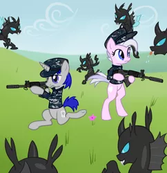 Size: 900x930 | Tagged: safe, artist:arrkhal, derpibooru import, oc, oc:heartcall, oc:sonar ping, unofficial characters only, changeling, pony, unicorn, :p, bipedal, drool, flower, fn fal, gun, raspberry, rifle, tongue out, weapon