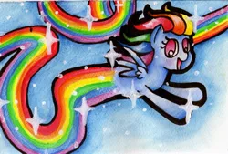 Size: 2615x1765 | Tagged: safe, artist:nabirar, derpibooru import, rainbow dash, flying, rainbow, solo, traditional art