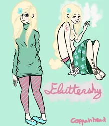 Size: 1300x1500 | Tagged: angel bunny, artist:coppahhead, breasts, clothes, derpibooru import, drugs, flutterhigh, fluttershy, godiva hair, human, human coloration, humanized, leg hair, natural hair color, rabbit, smoking, strategically covered, suggestive, sweater, sweatershy, topless, turtleneck