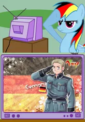 Size: 493x699 | Tagged: derpibooru import, exploitable meme, german dash, germany, hetalia, meme, patriotism, rainbow dash, rainbow dash salutes, rainbow deutsch, safe, salute, tv meme