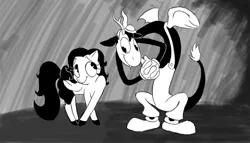 Size: 1024x585 | Tagged: artist:lilminette, betty boop, black and white, black and white cartoon, crossed hooves, derpibooru import, discord, fluttershy, grayscale, head turn, hilarious in hindsight, looking at each other, monochrome, oldschool cartoon, old timey, pacman eyes, safe, style emulation