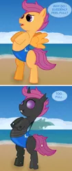 Size: 800x1910 | Tagged: 2 panel comic, artist:scootaloo009, changeling, changelingified, clothes, comic, derpibooru import, female, scootaling, scootaloo, solo, solo female, species swap, suggestive, swimsuit