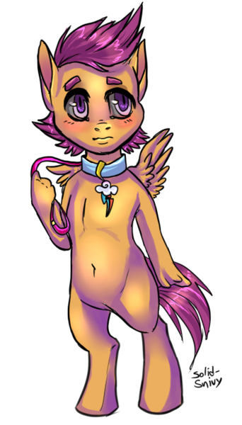 Size: 425x745 | Tagged: safe, derpibooru import, scootaloo, anthro, belly button, bipedal, collar, cutie mark collar, leash, solo