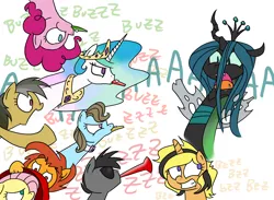 Size: 1500x1100 | Tagged: safe, artist:grilledcat, derpibooru import, beauty brass, daring do, fluttershy, pinkie pie, princess celestia, queen chrysalis, oc, earth pony, pegasus, pony, unicorn, background pony, female, in which pinkie pie forgets how to gravity, kazoo, male, mare, musical instrument, pinkie being pinkie, pinkie physics, stallion, vuvuzela