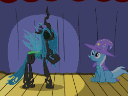 Size: 1300x972 | Tagged: safe, artist:evil-dec0y, derpibooru import, discord, nightmare moon, prince blueblood, princess luna, queen chrysalis, trixie, oc, oc:fluffle puff, pony, unicorn, animated, bluetrix, cape, character to character, clothes, female, female to male, hat, heart eyes, male, mare, pony to pony, rule 63, stage, straight, transformation, transgender transformation, trixie's cape, trixie's hat, wingding eyes