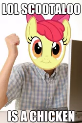 Size: 413x614 | Tagged: apple bloom, caption, derpibooru import, exploitable meme, first day brony, meme, safe, scootachicken, scootaloo, solo