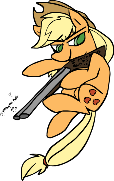 Size: 425x675 | Tagged: safe, artist:ghost, derpibooru import, applejack, earth pony, pony, colored pupils, double barreled shotgun, gun, shotgun, simple background, smiling, smirk, solo, transparent background, weapon