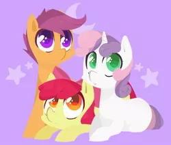 Size: 1138x967 | Tagged: safe, artist:foxda, derpibooru import, apple bloom, scootaloo, sweetie belle, earth pony, pegasus, pony, unicorn, blank flank, bow, colored pupils, cutie mark crusaders, female, filly, foal, group, hair bow, heart eyes, lineless, looking at something, looking up, prone, purple background, simple background, smiling, starry eyes, stars, surprised, trio, wingding eyes
