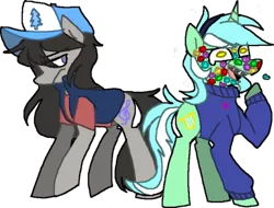 Size: 500x379 | Tagged: safe, artist:ghost, derpibooru import, lyra heartstrings, octavia melody, earth pony, pony, unicorn, braces, cap, clothes, crossover, dipper pines, duo, gem, gravity falls, hat, mabel pines, octavia is not amused, parody, shirt, silly, silly pony, simple background, smiling, sweater, t-shirt, transparent background, unamused