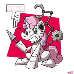 Size: 1000x1000 | Tagged: safe, artist:putuk, derpibooru import, sweetie belle, pony, robot, unicorn, friendship is witchcraft, abstract background, buzzsaw, comic, female, filly, foal, hooves, horn, kallisti, saw, sitting, smiling, solo, sql, sweetie bot, teeth, unfortunate implications