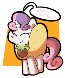 Size: 793x940 | Tagged: artist:putuk, clothes, costume, derpibooru import, kallisti, pony as food, safe, solo, sweetie belle, taco, taco belle, taco suit