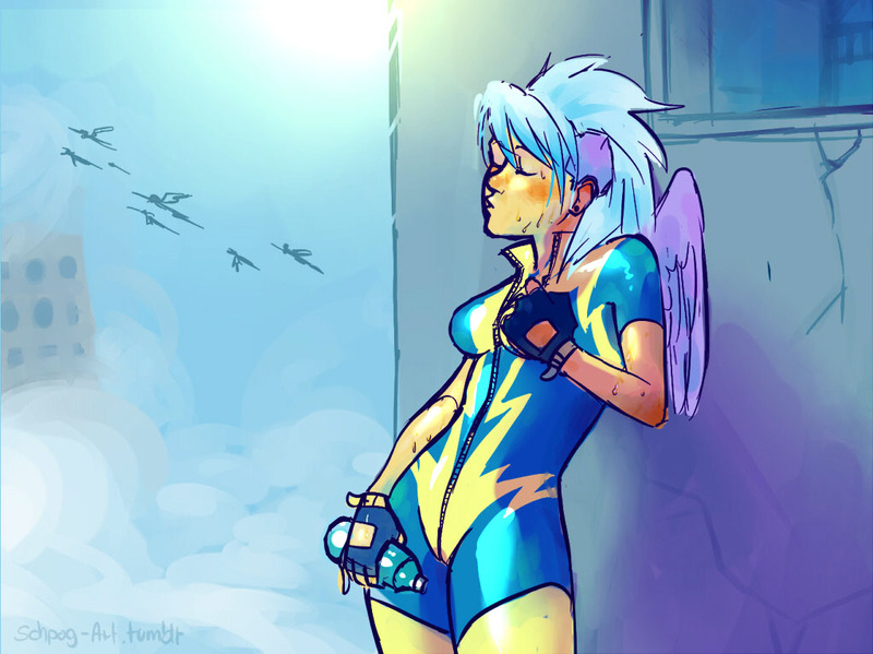 Size: 1023x766 | Tagged: artist:schpog, bottle, clothes, cloudchaser, derpibooru import, exhausted, eyes closed, female, fingerless gloves, gloves, human, humanized, kallisti, safe, solo, winged humanization, wings, wonderbolts uniform