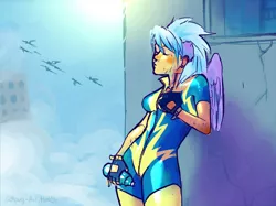 Size: 1023x766 | Tagged: safe, artist:schpog, derpibooru import, cloudchaser, human, bottle, clothes, cute, cutechaser, exhausted, eyes closed, female, fingerless gloves, gloves, humanized, image, jpeg, kallisti, solo, winged humanization, wings, wonderbolts uniform