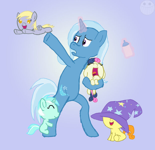 Size: 900x871 | Tagged: safe, artist:vondare, derpibooru import, bon bon, carrot top, derpy hooves, golden harvest, lyra heartstrings, sweetie drops, trixie, earth pony, pegasus, pony, unicorn, accessory theft, age regression, baby, baby bottle, baby pony, babysitting, bipedal, blank flank, bon bon is not amused, clothes, crying, female, filly, flying, foal, gradient background, hat, magic, smiling, telekinesis, trixie's hat, unamused