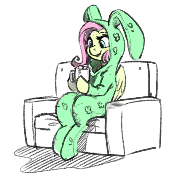 Size: 612x644 | Tagged: safe, artist:kevinsano, derpibooru import, fluttershy, bunny costume, bunny pajamas, bunnyshy, clothes, cup, footed sleeper, hoof hold, hot chocolate, kallisti, marshmallow, mug, open mouth, pajamas, sitting, smiling, solo