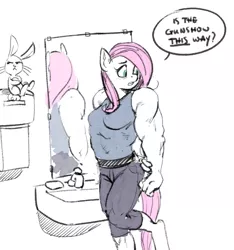 Size: 677x723 | Tagged: safe, artist:kevinsano, derpibooru import, angel bunny, fluttershy, anthro, pegasus, rabbit, unguligrade anthro, angel is not amused, animal, belt, buff, clothed female, clothes, jeans, kallisti, mirror, muscles, muscleshy, pants, shirt, simple background, sink, white background