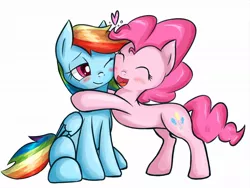 Size: 1200x900 | Tagged: safe, artist:zokkili, derpibooru import, pinkie pie, rainbow dash, female, heart, hug, lesbian, pinkiedash, shipping