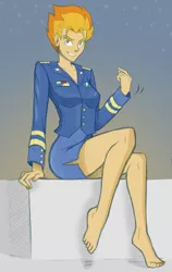 Size: 709x1120 | Tagged: artist:allosaurus, artist:sallymon, barefoot, clothes, dem feet, derpibooru import, feet, human, humanized, looking at you, safe, skirt, solo, spitfire, uniform