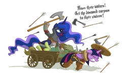 Size: 3000x1822 | Tagged: semi-grimdark, artist:equestria-prevails, derpibooru import, princess luna, twilight sparkle, twilight sparkle (alicorn), alicorn, pony, armor, arrow, axe, battle axe, blackletter, boots, cart, chainmail, chivalry medieval warfare, clenched teeth, corpse, dagger, dead, death, duo, fantasy class, female, flies, gritted teeth, knight, mare, medieval, shadow, shield, shoes, shout, simple background, snow, struggling, sweat, sword, traditional royal canterlot voice, transparent background, war axe, warrior, warrior luna, weapon, x eyes, yoke