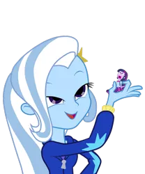 Size: 750x900 | Tagged: safe, derpibooru import, edit, trixie, twilight sparkle, equestria girls, crossing the memes, exploitable meme, implied vore, look what trixie found, memeception, micro, shrunken woman, twiscream