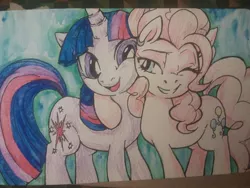 Size: 1280x960 | Tagged: safe, artist:buttercupsaiyan, deleted from derpibooru, derpibooru import, pinkie pie, twilight sparkle, female, hug, lesbian, photo, shipping, traditional art, twinkie